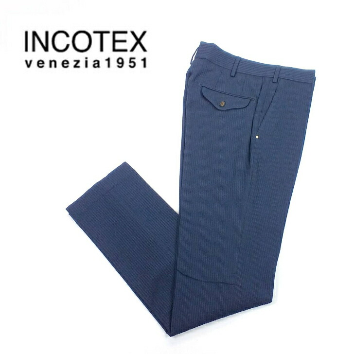 65％オフ 新品 正規品 インコテックス INCOTEX パンツ 46 52  ネイビー シャドーストライプ メンズ  Mサイズ XXLサイズ サイドポケット ボタンフライ スラックス SLIM FIT コットン×ウール ルーマニア製 V30010 90198 820