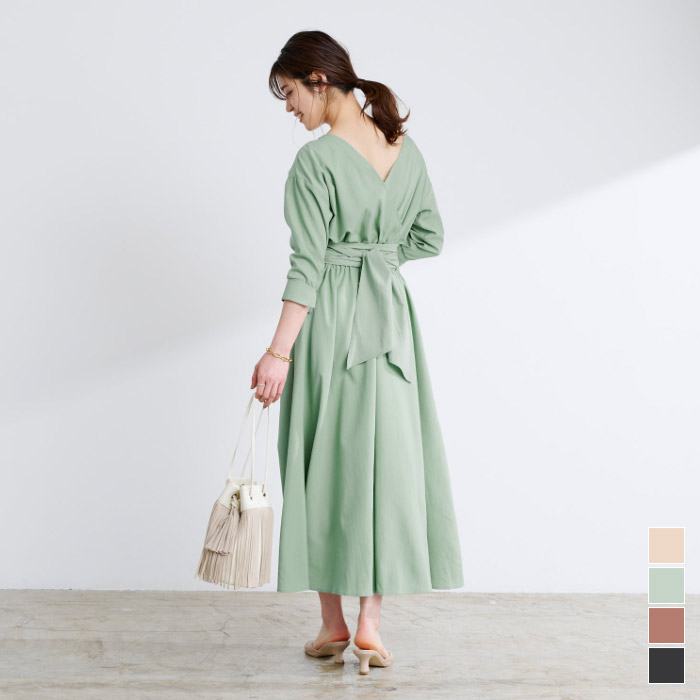 楽天市場 前後2wayカシュクールワンピース ワンピース レディース カシュクール ウエストリボン ポケット ロング 丈 前後2way 袖スリット 七分袖 Urs ユアーズ