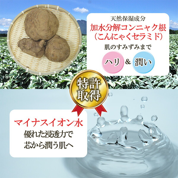 加水分解こんにゃく根(こんにゃくセラミド)とマイナスイオン水でハリと潤いを