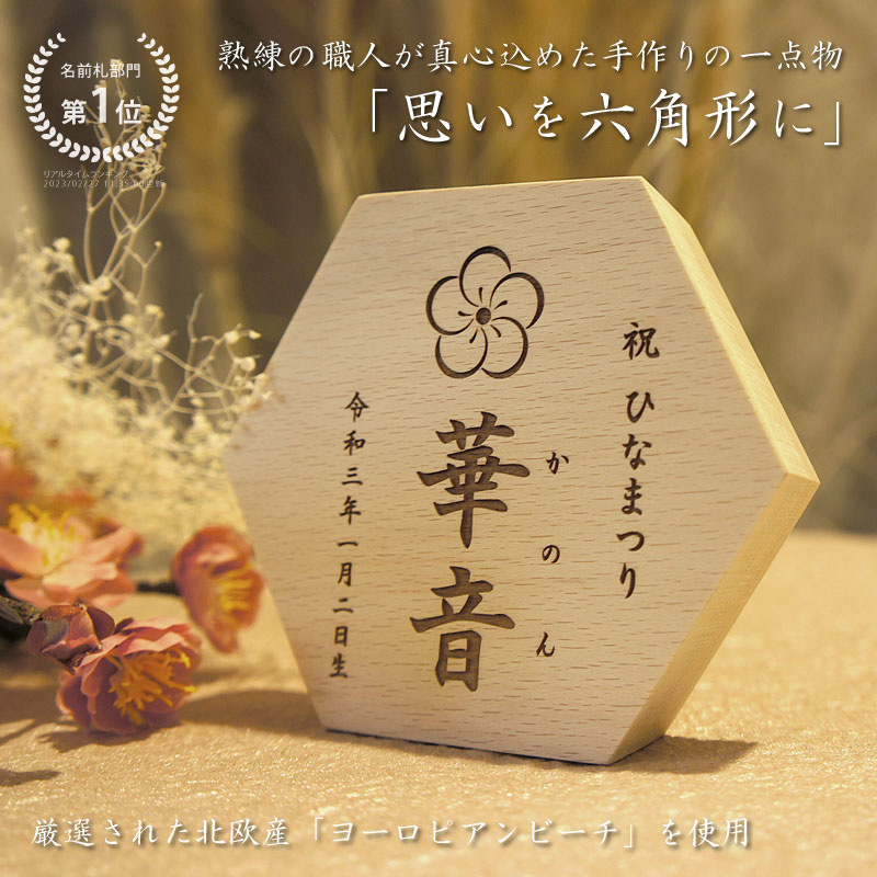 《思いを六角形に》ひなまつり 桃の節句 名前札 木製 送料無料 初節句 雛人形 ひな祭り ひな人形 雛飾り 出産祝い 木札 女の子 初節句祝い 名入れギフト 名入れ 名前入り 名前プレート ベビー 北欧 北欧雑貨