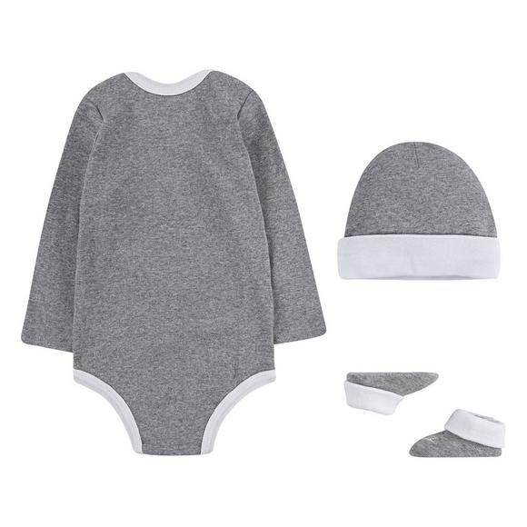 【送料無料+クーポン対象】nikeナイキ男の子用大きなSwooshロゴ長袖ボディースーツ出産祝い3点セット(Grey/White)ロンパースカバーオール出産祝い【楽ギフ_包装選択】