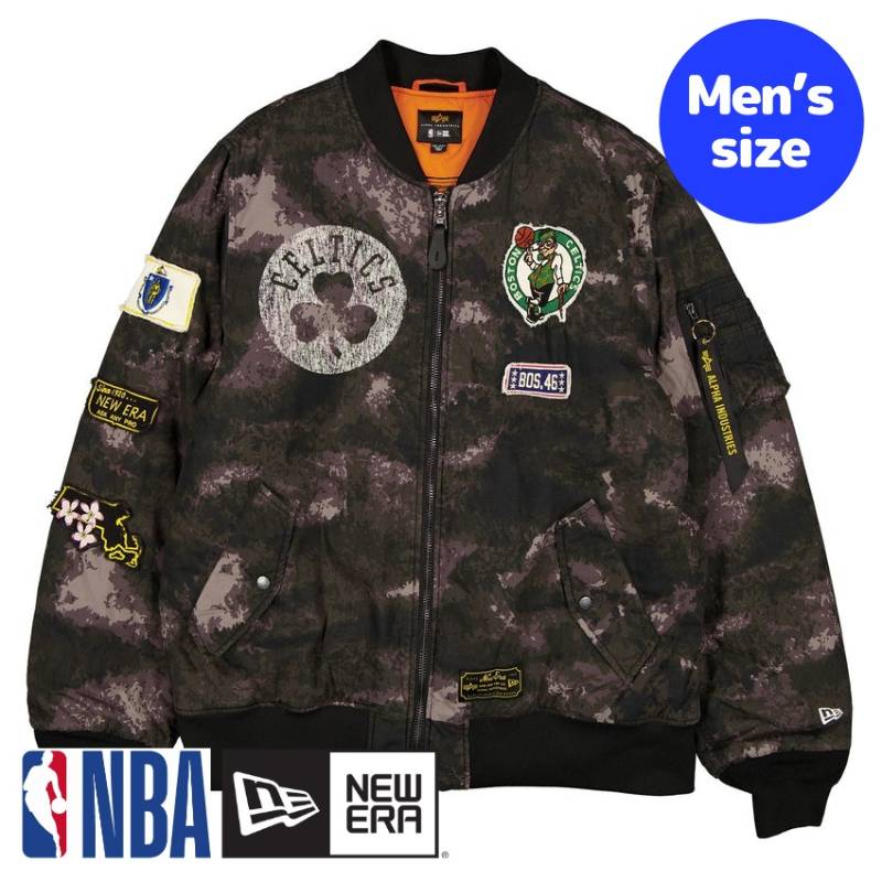 【送料無料】 NBA公式 メンズ アウター ジャケット MA-1 スタジャン ボンバージャケット ジャンパー ボストン・セルティックス Boston Celtics Black Camo MA-1 Bomber Jacket ニューエラxアルファインダストリーズ New Era x Alpha Industries｜USキッズウェア店