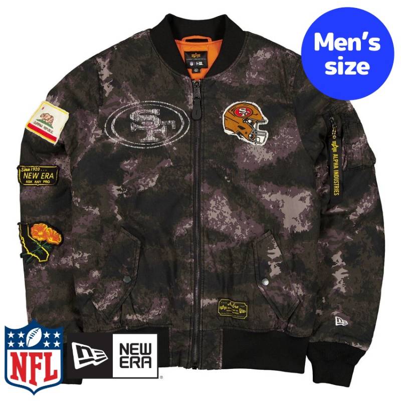 【送料無料】 NFL公式 メンズ アウター ジャケット MA-1 スタジャン ボンバージャケット ジャンパー サンフランシスコ・49ers San Francisco 49ers Black Camo MA-1 Bomber Jacket ニューエラxアルファインダストリーズ New Era x Alpha Industries｜USキッズウェア店