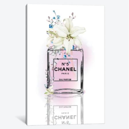 お洒落なオマージュアート Inked By Alcohol Black Perfume Bottle With Lilies Soft Magenta シャネル CHANEL キャンバスアート 絵画