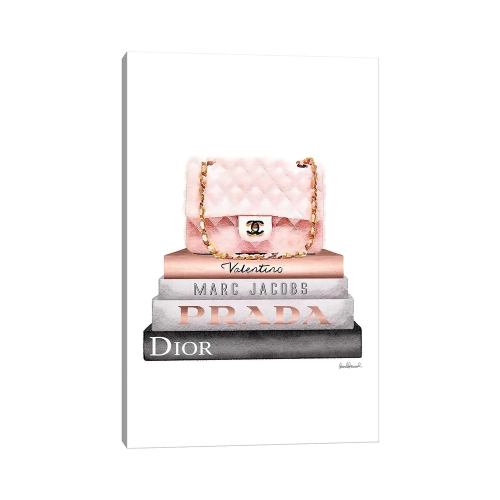 【送料無料】 米国発のお洒落なブランドオマージュアート Stack Of Grey And Rose Gold Fashion Books And A Pink Chanel Bag プラダ PRADA キャンバス 絵画