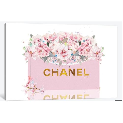 【送料無料】 米国発のお洒落なブランドオマージュアート Pretty Pink & Gold Shopping Bag With Blush Roses シャネル CHANEL キャンバスアート 絵画 インテリア