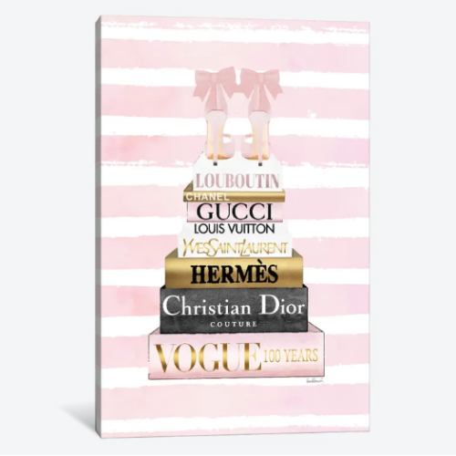 【送料無料】 米国発のお洒落なブランドオマージュアート Tall Pink And Gold With Bow Shoes, Pink Stripe エルメス HERMES キャンバスアート 絵画 模様替え 新築祝い