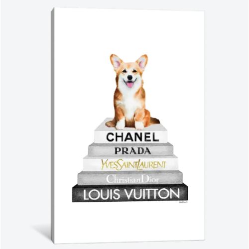 【送料無料】 米国発のお洒落なブランドオマージュアート Grey Fashion Books With Corgi シャネル CHANEL キャンバスアート 絵画 インテリア 模様替え 引越し祝い 新築祝い 待合室 会議室