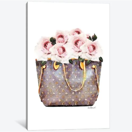 【送料無料】 米国発のお洒落なブランドオマージュアート Brown Bag Filled With Blush Roses ヴィトン Vuitton キャンバスアート 絵画 インテリア 模様替え 新築祝い 待合室 会議室