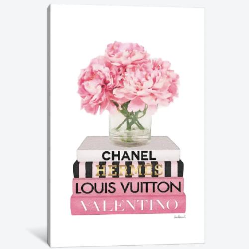 【送料無料】 米国発のお洒落なブランドオマージュアート Short Pink Book Stack With Stripe, Peony In Vase ヴィトン Vuitton キャンバスアート 絵画 インテリア