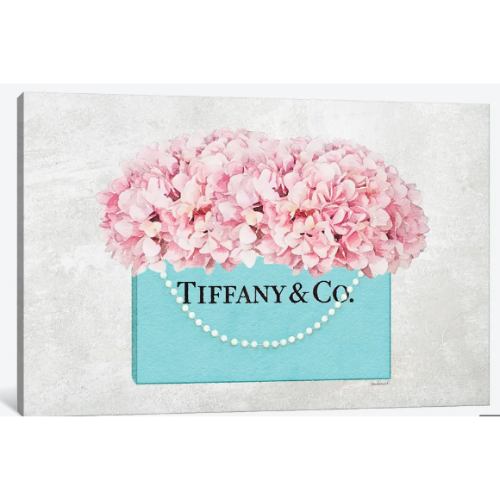 【送料無料】 米国発のお洒落なブランドオマージュアート Teal Blue Shopper Pearl Handle Pink Hydrangeas Textured ティファニー Tiffany キャンバスアート 絵画