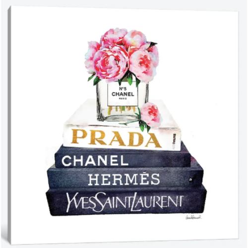 【送料無料】 米国発のお洒落なブランドオマージュアート Stack Of Fashion Books With Pink Peonies シャネル CHANEL キャンバス 絵画 インテリア 模様替え 引越し祝い 新築祝い