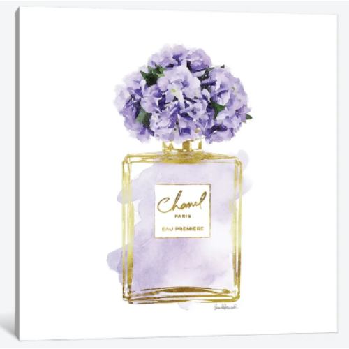 【送料無料】 米国発のお洒落なブランドオマージュアート Gold And Purple Perfume Bottle With Purple Peonies シャネル CHANEL キャンバスアート 絵画 インテリア