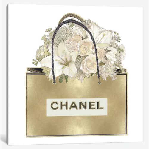 【送料無料】 米国発のお洒落なブランドオマージュアート Gold Bag With Floral Bouquet シャネル CHANEL キャンバスアート 絵画 インテリア 模様替え 引越し祝い 新築祝い 待合室 会議室