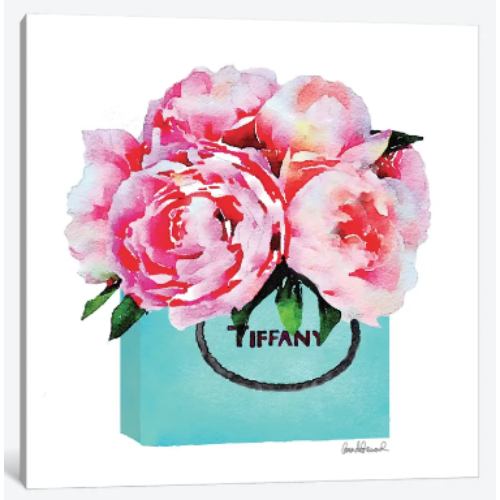 【送料無料】 米国発のお洒落なブランドオマージュアート Teal Fashion Shopping Bag With Pink Peonies ティファニー Tiffany キャンバス 絵画 インテリア 模様替え