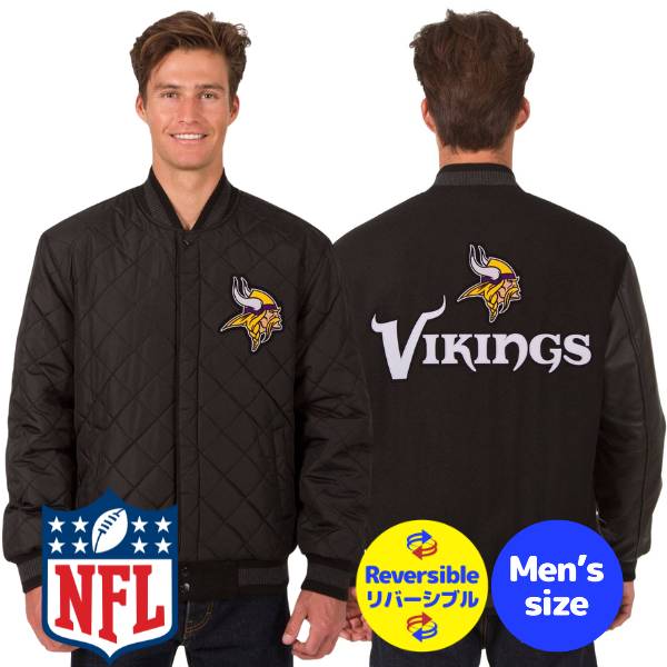 【送料無料】 NFL公式 JH Design メンズ アウター スタジャン バーシティジャケット ジャンパー アメフト ミネソタ・バイキングス Minnesota Vikings Wool & Leather Reversible Jacket｜USキッズウェア店