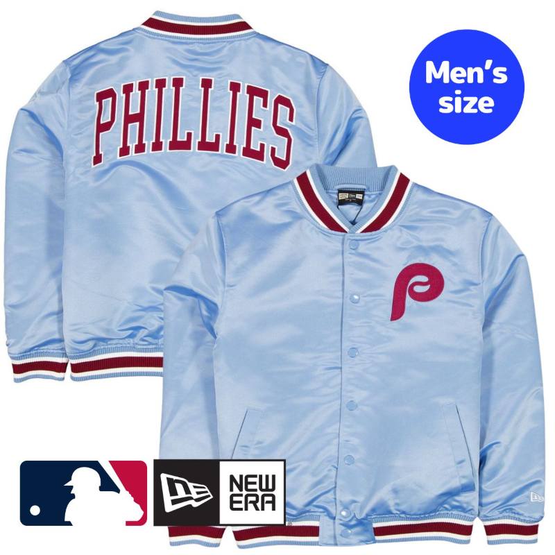 【送料無料】 MLB公式 メンズ アウター バーシティジャケット スタジャン ジャンパー ニューエラ フィラデルフィア・フィリーズ New Era Cap Philadelphia Phillies Sport Classics Light Blue Satin Jacket