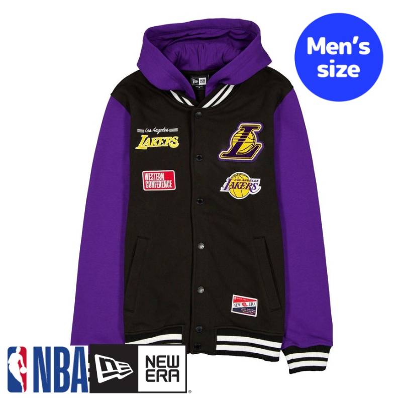 【送料無料】 NBA公式 メンズ アウター ジャケット スタジャン ジャンパー ロサンゼルス・レイカーズ レブロン・ジェームズ 八村塁 ルカ・ドンチッチ Los Angeles Lakers Throwback Black Jacket ニューエラ New Era
