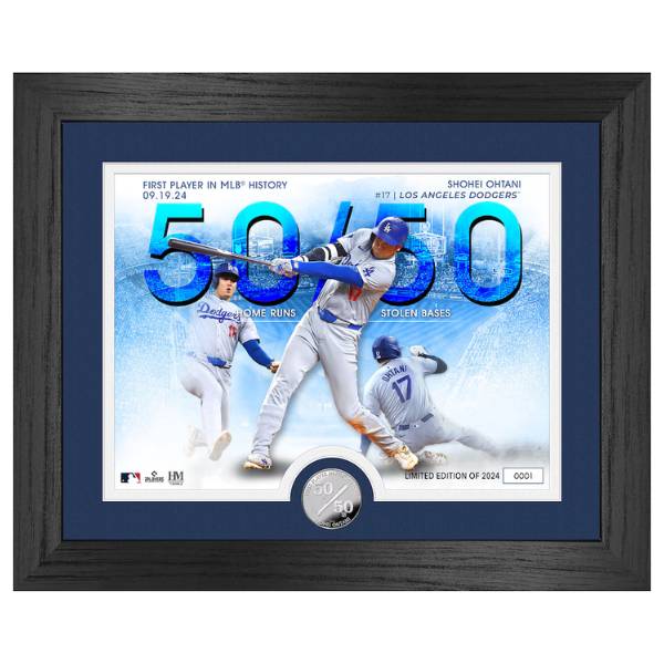 【送料無料】 MLB公式 メジャーリーグオフィシャル 史上初の快挙 50/50 達成記念 大型サイズ 38.1x45.7cm 大谷翔平 ロサンゼルス・ドジャース 額入りコラージュフレーム フレームアート フォトフレーム Shohei Ohtani Commemorative 50/50 Club Silver Coin Photo Mint