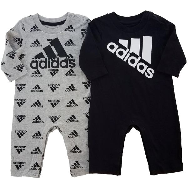 福袋セール値下げ 送料無料 最大5 クーポン配布中 ロンパース Adidas アディダス カバーオール ロンパース 男の子用大きなロゴが可愛いスリーストライプス長袖カバーオール2着セット Black Carbon 出産祝い Adidas ロンパース ベビーファッション アディダス