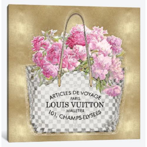 【送料無料】 米国発のお洒落なブランドオマージュアート Pink Bouquet On Gold ヴィトン Louis Vuitton キャンバスアート 絵画 インテリア 模様替え 引越し祝い 新築祝い 待合室 会議室