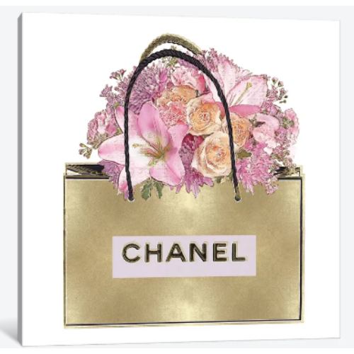 【送料無料】 米国発のお洒落なブランドオマージュアート Gold Bag With Pink Bouquet シャネル CHANEL キャンバスアート 絵画 インテリア 模様替え 引越し祝い 新築祝い 待合室 会議室