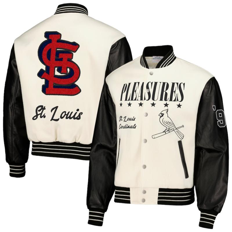 【送料無料】 MLB メンズ バーシティジャケット スタジャン アウタージャケット St. Louis Cardinals PLEASURES Varsity Jacket セントルイス・カージナルス カーディナルス｜USキッズウェア店