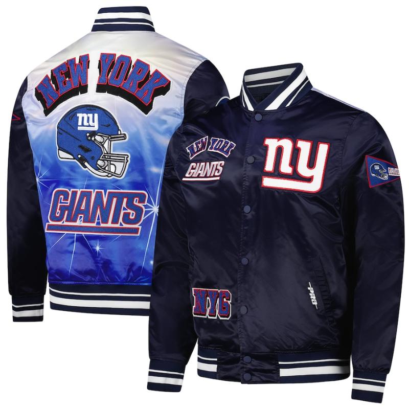 【送料無料】 NFL メンズ アウター バーシティジャケット スタジャン ジャンパー アメフト ニューヨーク・ジャイアンツ New York Giants Sublimated Satin Full-Snap Jacket｜USキッズウェア店