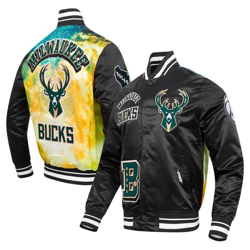 【送料無料】 NBA メンズ アウター バーシティジャケット スタジャン ジャンパー ミルウォーキー・バックス Milwaukee Bucks Sublimated Satin Jacket｜USキッズウェア店