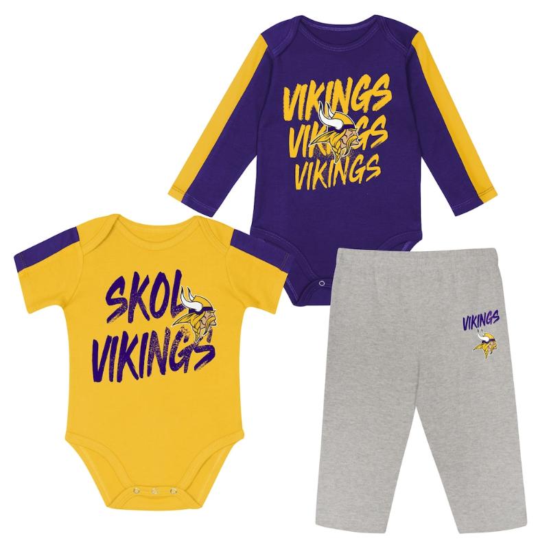 【貨物輸送無料】 ベビー・キッズサイズ NFL Outerstuff アウタースタッフ 上半身背広xズボン下上下セットアップ もの言う花用上下書き割り ロンパース 生み出すこと祝賀会 ミネソタ・バイキングス Minnesota Vikings Double Down Creeper and Pants 3-Piece Set