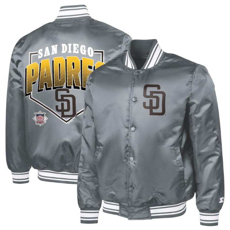 Starter クランク MLB メンズ スタジャン バーシティジャケット アウター 前掛け サンディエゴ・パドレス ダルビッシュ有 San Diego Padres Home Plate Printed Graphic Satin Full-Snap Varsity Jacket 【貨物輸送無料】
