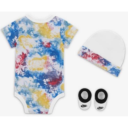 送料無料 割引クーポン多数配布中 ナイキ 男の子用ロンパース Tie White Nike Dye Multi ボディースーツ出産祝い3点セット