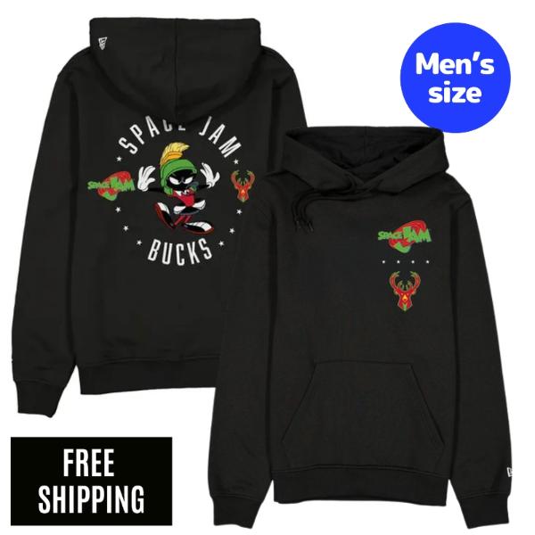 NBA ミルウォーキー・バックス メンズ パーカー 長袖トップス New Era ニュー内鰓 Space Jam x Milwaukee Bucks Black Hoodie 貨物輸送無料