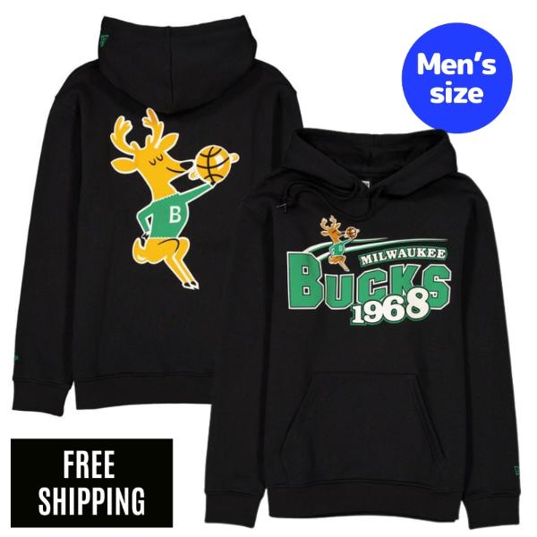 NBA ミルウォーキー・バックス メンズ パーカー 長袖トップス New Era ニュー内鰓 Milwaukee Bucks Retro Black Hoodie 貨物輸送無料