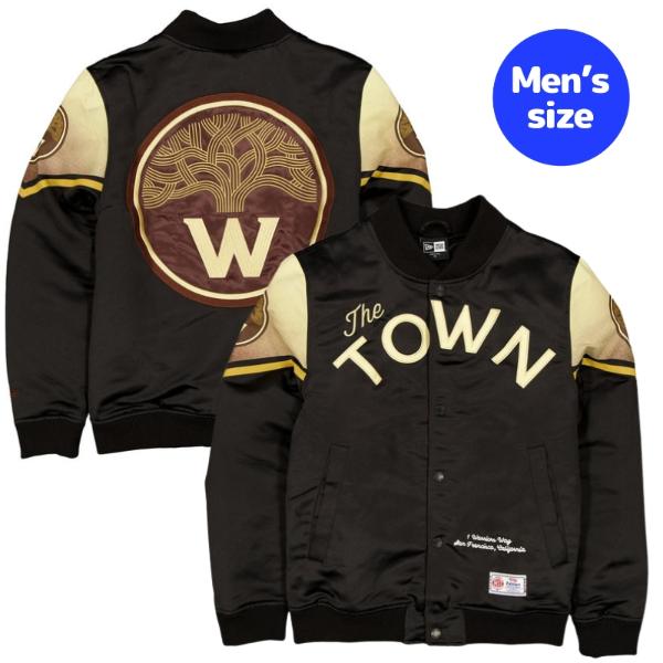 NBA ゴールデンステイト・ウォリアーズ ステフィン・カリー メンズ スタジャン ジャケット New Era ニューエラ Golden State Warriors 2025 City Edition Black Jacket 送料無料｜USキッズウェア店