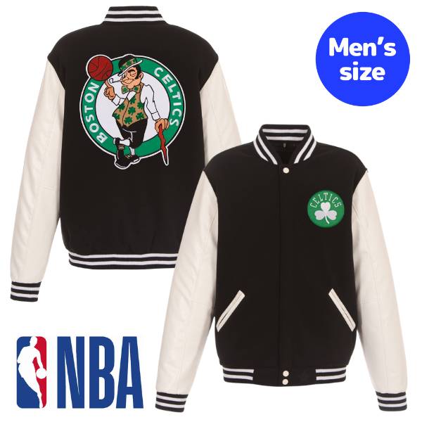 【送料無料】 NBA公式 JH Design メンズ アウター スタジャン バーシティジャケット ボストン・セルティックス Boston Celtics Reversible Faux Leather Sleeves Varsity Jacket｜USキッズウェア店