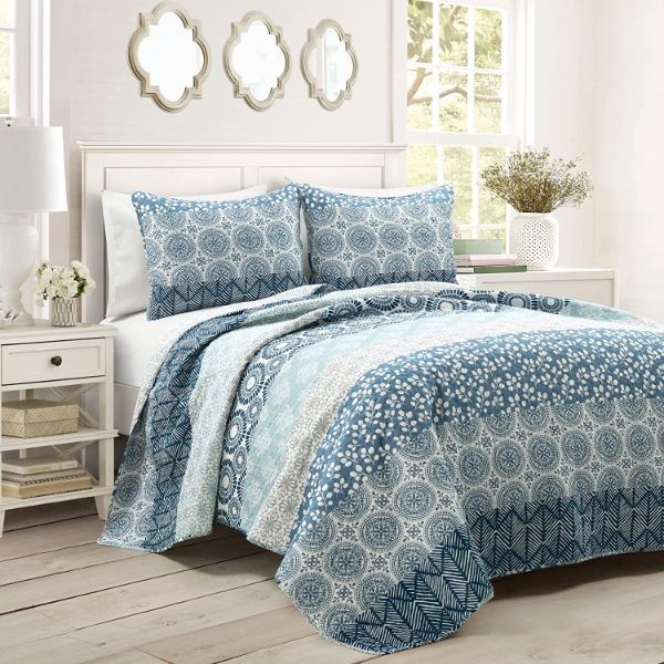 【貨物輸送無料】 日本未入荷ブランド名 Lush Decor 混雑時・デ電話を掛ける Bohemian Striped リバーシブルベッドカバーセット（Navy \u0026 Blue） ベッドスプレッド ベット取りまかなう 布団取りまかなう