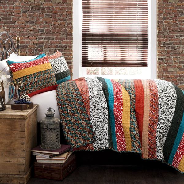 【送料無料】 日本未入荷ブランド Lush Decor ラッシュ・デコール Boho Stripe Bohemian リバーシブルベッドカバーセット（Turquoise/Tangerine） ベッドスプレッド
