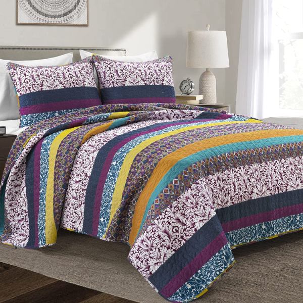 【送料無料】 日本未入荷ブランド Lush Decor ラッシュ・デコール Boho Stripe Bohemian リバーシブルベッドカバーセット（Plum \u0026 Yellow） ベッドスプレッド ベットカバー