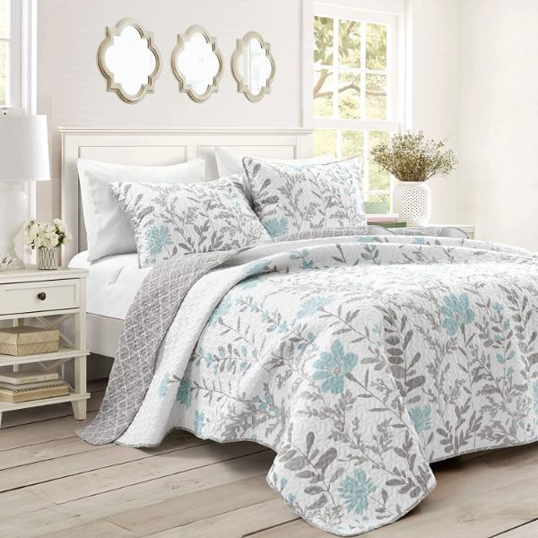 【貨物輸送無料】 日本未入荷ブランド名 Lush Decor 混雑時・デ電話を掛ける Yellow Aprile Floral Leaf リバーシブルベッドカバーセット（Blue \u0026 Gray） ベッドスプレッド