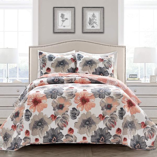 【送料無料】 日本未入荷ブランド Lush Decor ラッシュ・デコール Leah Floral リバーシブルベッドカバーセット（Coral \u0026 Gray） ベッドスプレッド ベットカバー 布団カバー
