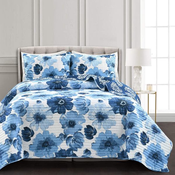 【送料無料】 日本未入荷ブランド Lush Decor ラッシュ・デコール Leah Floral リバーシブルベッドカバーセット（Navy \u0026 White） ベッドスプレッド ベットカバー 布団カバー