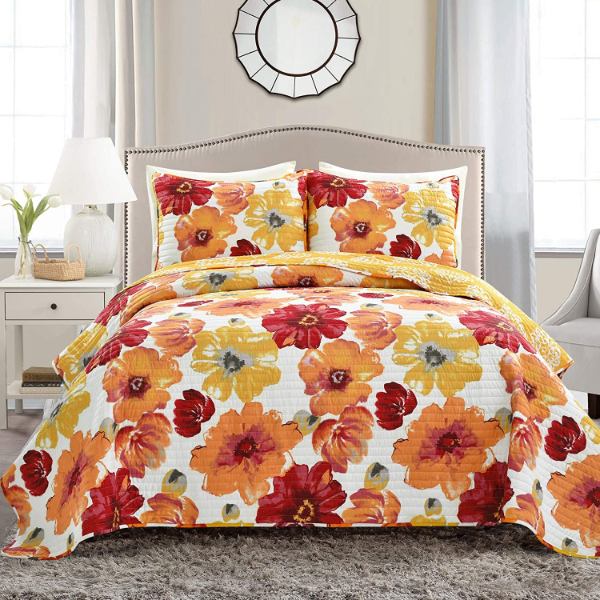 【送料無料】 日本未入荷ブランド Lush Decor ラッシュ・デコール Leah Floral リバーシブルベッドカバーセット（Red \u0026 Orange） ベッドスプレッド ベットカバー 布団カバー