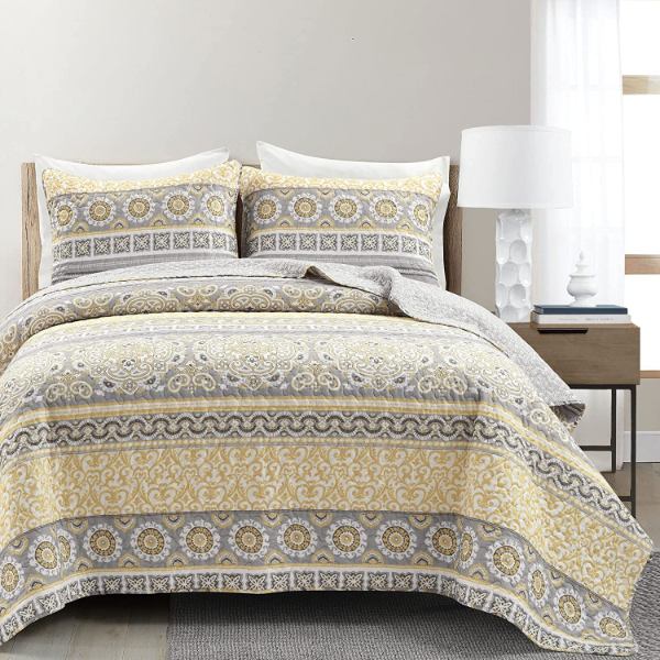 【貨物輸送無料】 日本未入荷ブランド名 Lush Decor 混雑時・デ電話を掛ける Nesco Stripe リバーシブルベッドカバーセット（Yellow \u0026 Gray） ベッドスプレッド ベット取りまかなう 布団取りまかなう