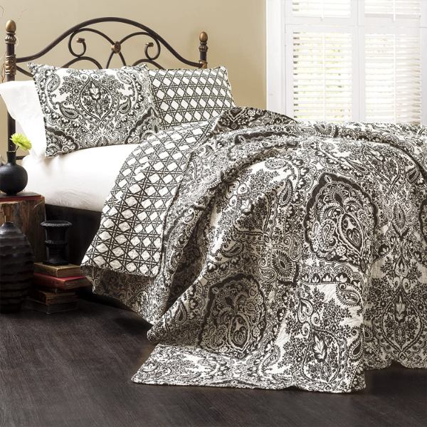 【貨物輸送無料】 日本未入荷ブランド名 Lush Decor 混雑時・デ電話を掛ける Aubree Quilt Paisley Damask リバーシブルベッドカバーセット（Black \u0026 White） ベッドスプレッド