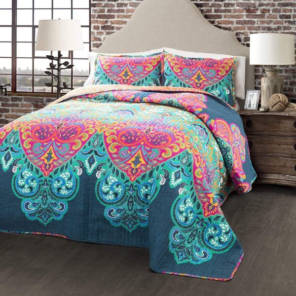 【貨物輸送無料】 日本未入荷ブランド名 Lush Decor 混雑時・デ電話を掛ける Boho Chic リバーシブルベッドカバーセット（Turquoise/Navy） ベッドスプレッド ベット取りまかなう 布団取りまかなう