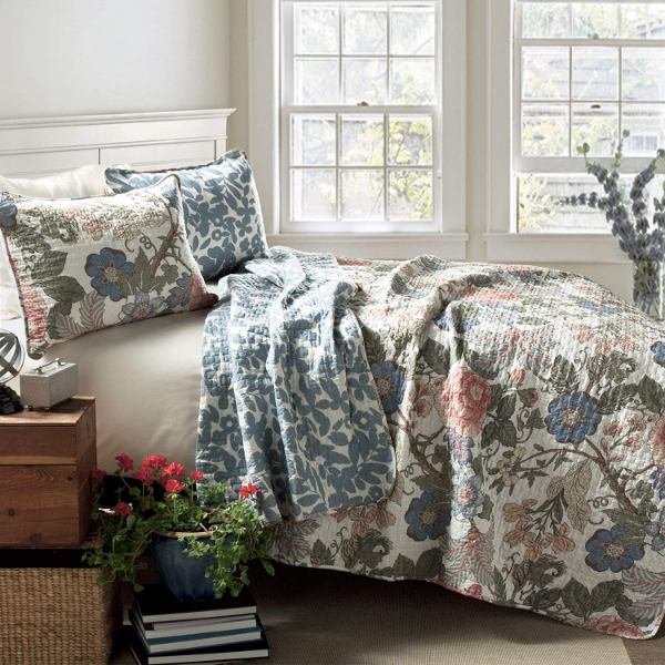 【貨物輸送無料】 日本未入荷ブランド名 Lush Decor 混雑時・デ電話を掛ける Sydney Floral Leaf リバーシブルベッドカバーセット（Green \u0026 Blue） ベッドスプレッド ベット取りまかなう