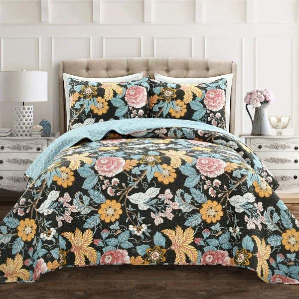 【貨物輸送無料】 日本未入荷ブランド名 Lush Decor 混雑時・デ電話を掛ける Sydney Floral Leaf リバーシブルベッドカバーセット（Black \u0026 Blue） ベッドスプレッド ベット取りまかなう