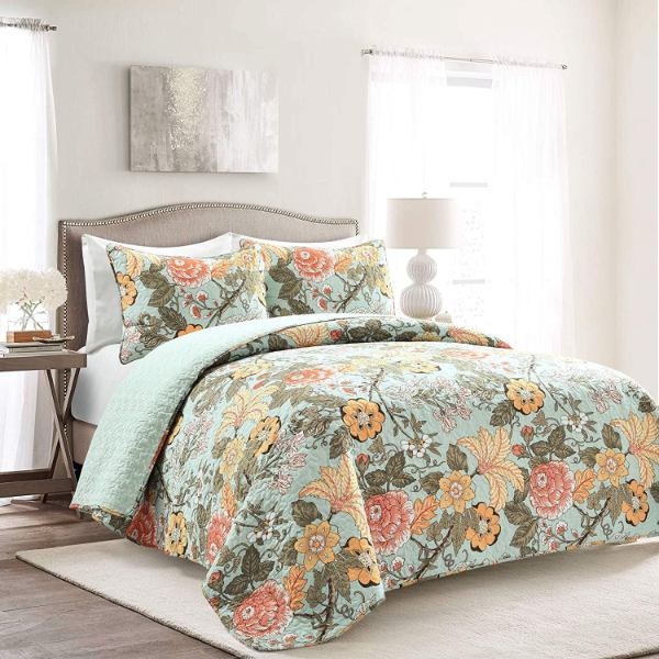 【貨物輸送無料】 日本未入荷ブランド名 Lush Decor 混雑時・デ電話を掛ける Sydney Floral Leaf リバーシブルベッドカバーセット（Blue \u0026 Green） ベッドスプレッド ベット取りまかなう
