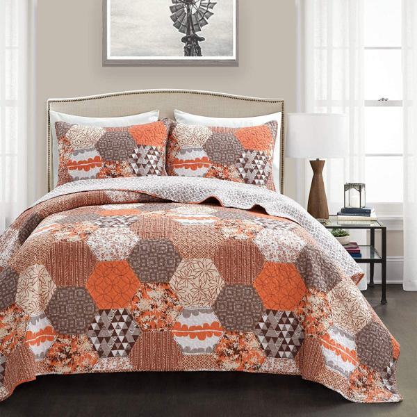 【貨物輸送無料】 日本未入荷ブランド名 Lush Decor 混雑時・デ電話を掛ける Briley Hexagon Patchwork Neutral リバーシブルベッドカバーセット（Tangerine） ベッドスプレッド